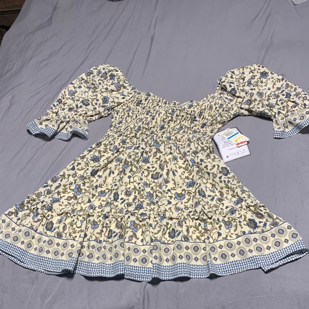 Floral Blue and Cream Kids Dress